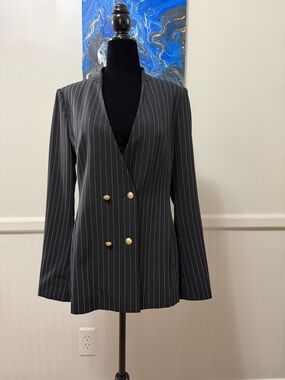 Zara Double-Breasted Pinstripe Blazer Jacket - Black